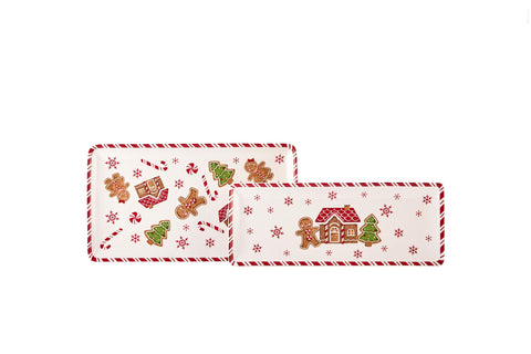 Bico Gingerbread Man ceramic set of two 14-inch rectangular platters, stackable and space-saving
