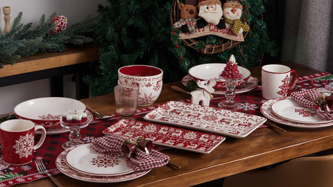 Bico Holly Jolly hand-painted ceramic mugs add warm holiday color.
