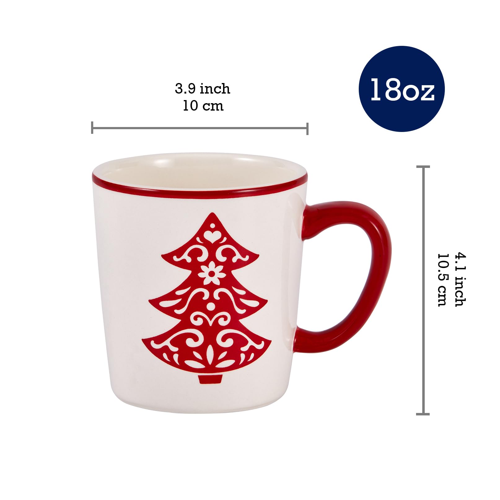 Bico Holly Jolly mugs show 18-ounce capacity, perfect for coffee or cocoa.