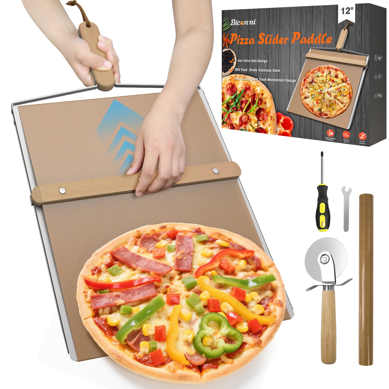 Biconimi sliding pizza peel mechanism for easy oven transfer with no sticking.