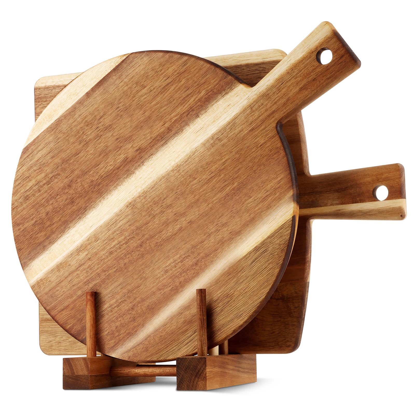 BIEOFFEI acacia round cutting board with stand showcases versatile prep and serving options