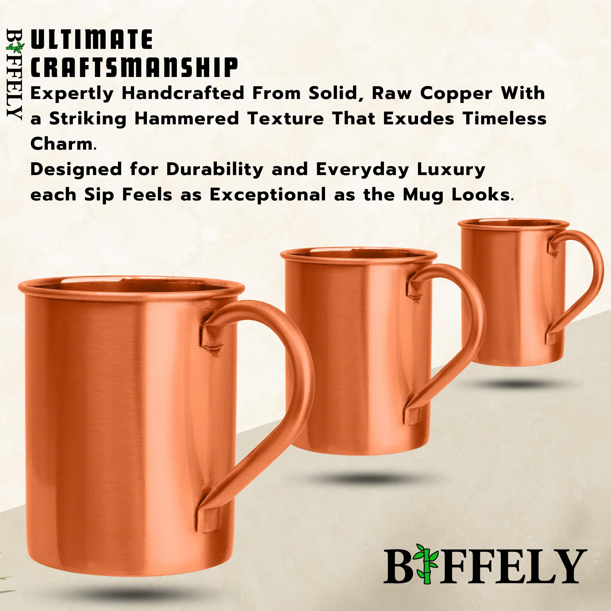 BIFFELY copper mug with beverages: mule, mojito, iced tea.