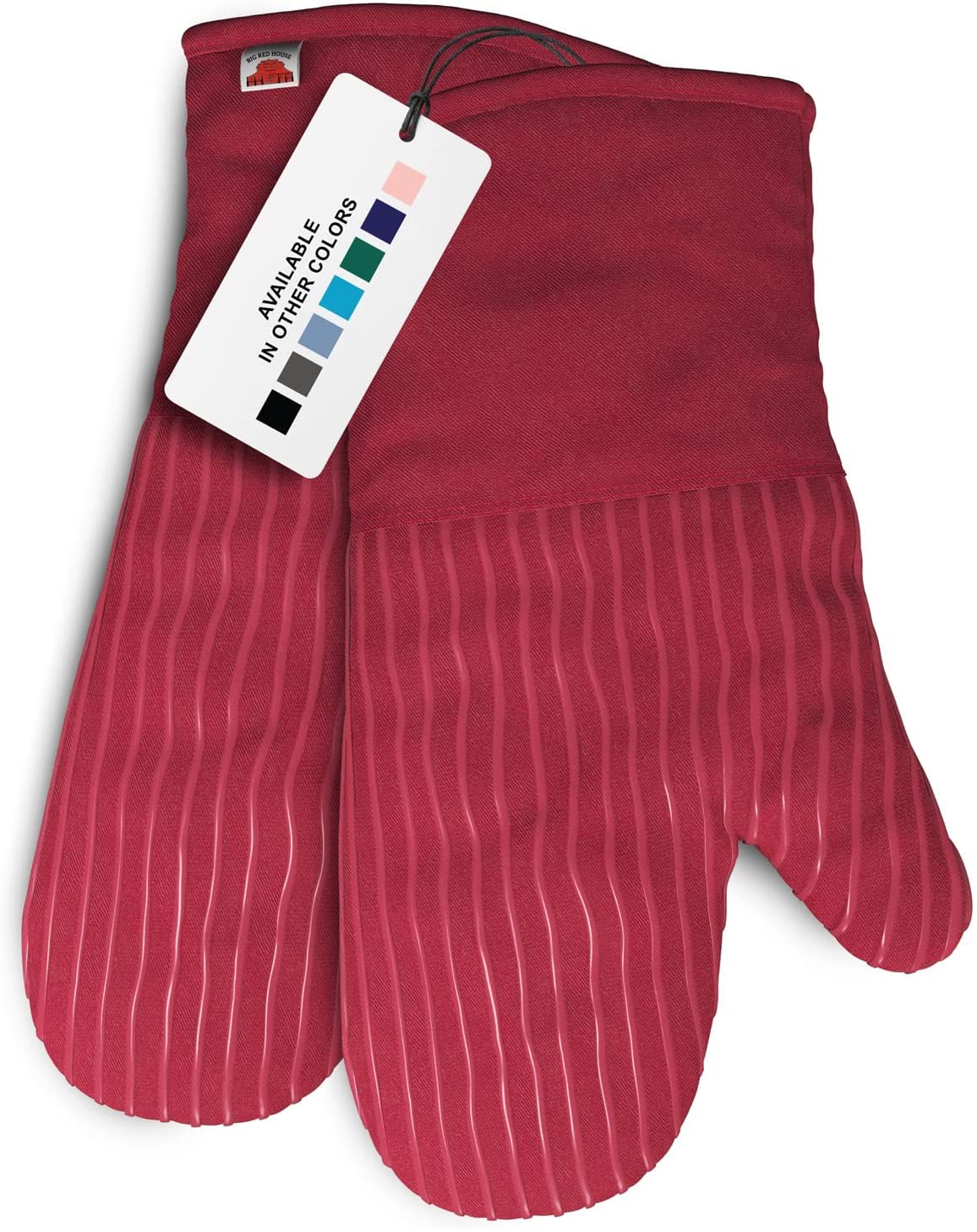 Big Red House silicone oven mitts in red, 13-inch, holding a hot pan for safe handling