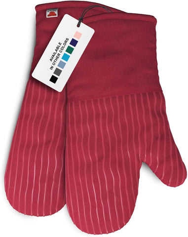 Big Red House silicone oven mitts in red, 13-inch, holding a hot pan for safe handling