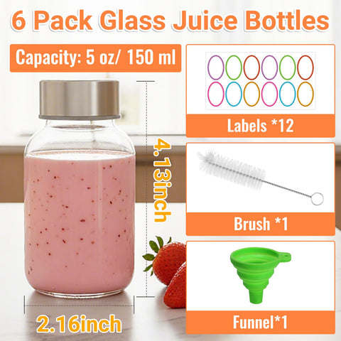 BIGIVACA 5 oz clear glass bottle with stainless steel cap for fresh juice storage