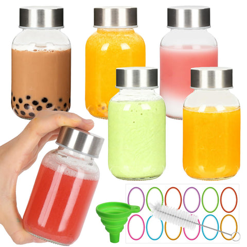 BIGIVACA 6-pack glass juice bottles with lids for spill-free on-the-go beverages