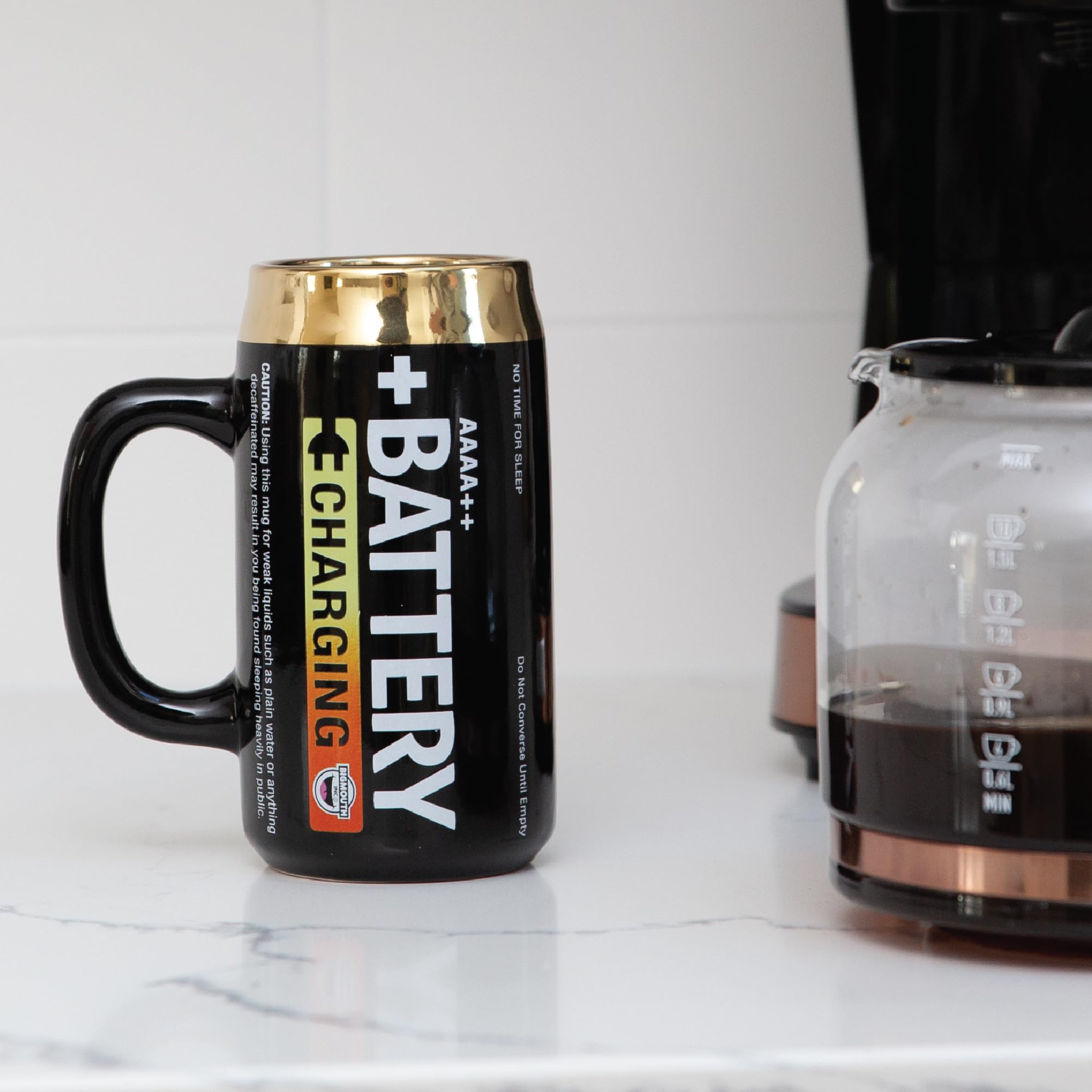 BigMouth Inc battery mug holding coffee for an energized start