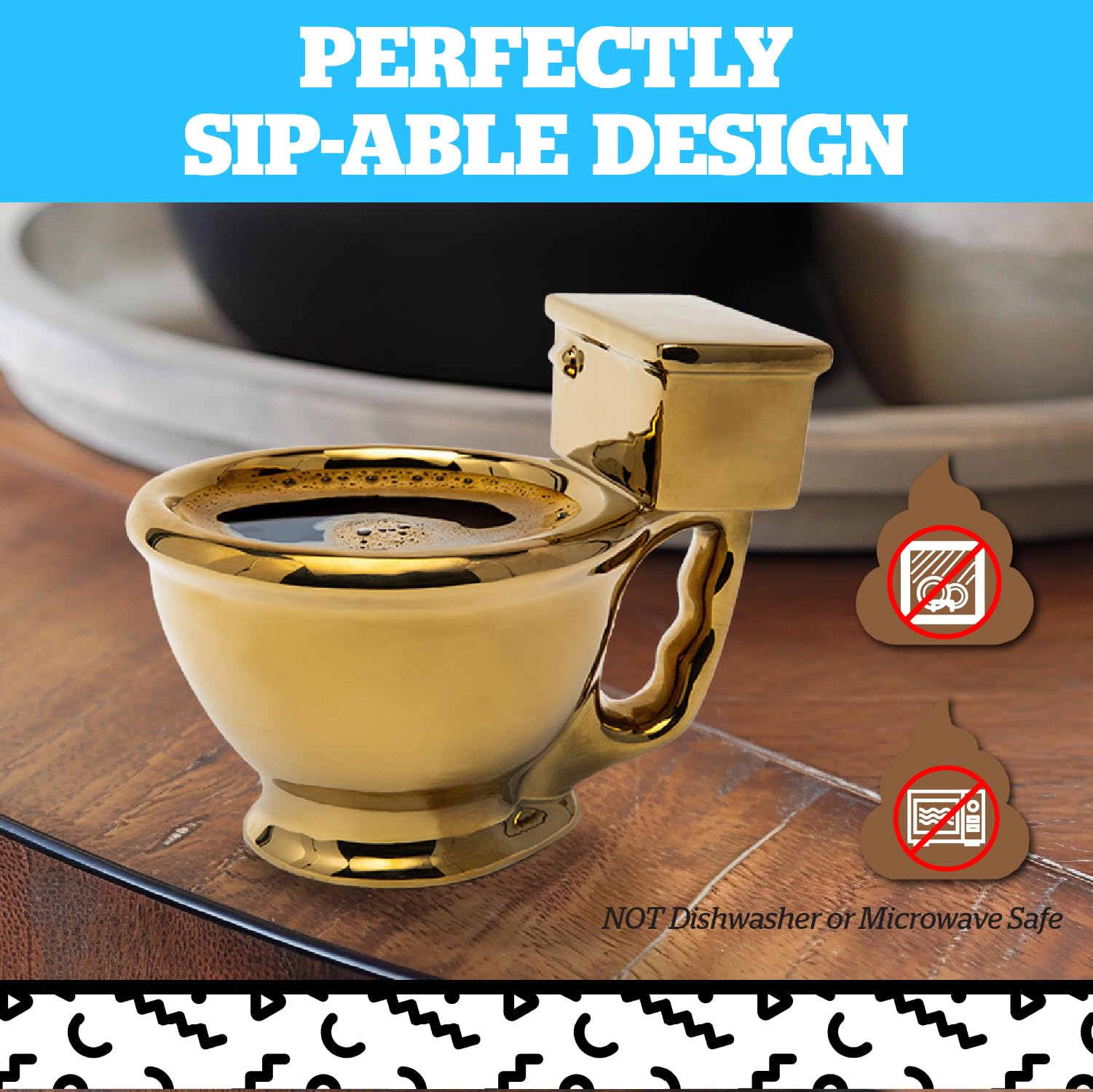 Gag gift setup with the BigMouth Inc Golden Toilet Mug on a desk.