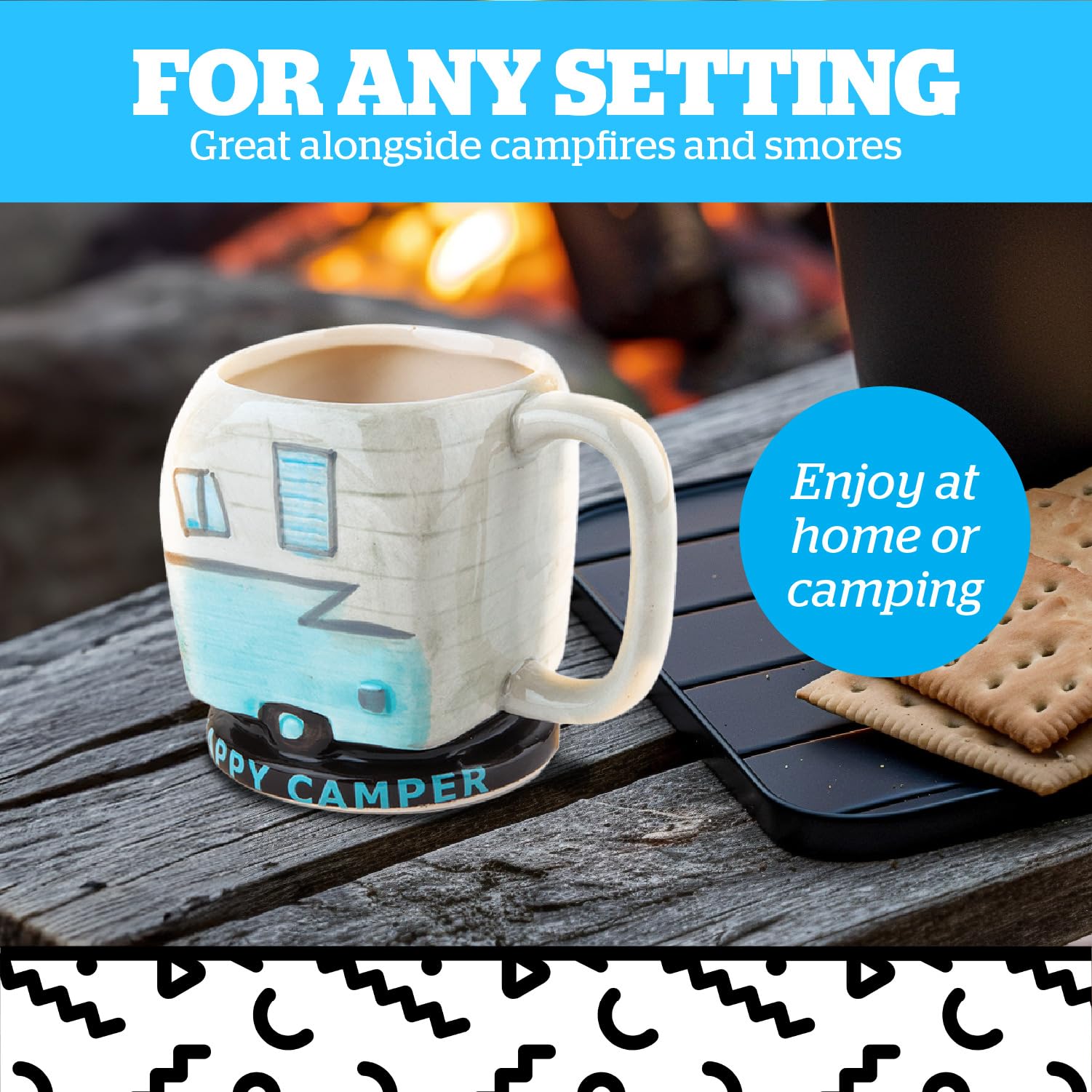 BigMouth Inc Happy Camper Mug packaged as a gift, great for campers and outdoor lovers.