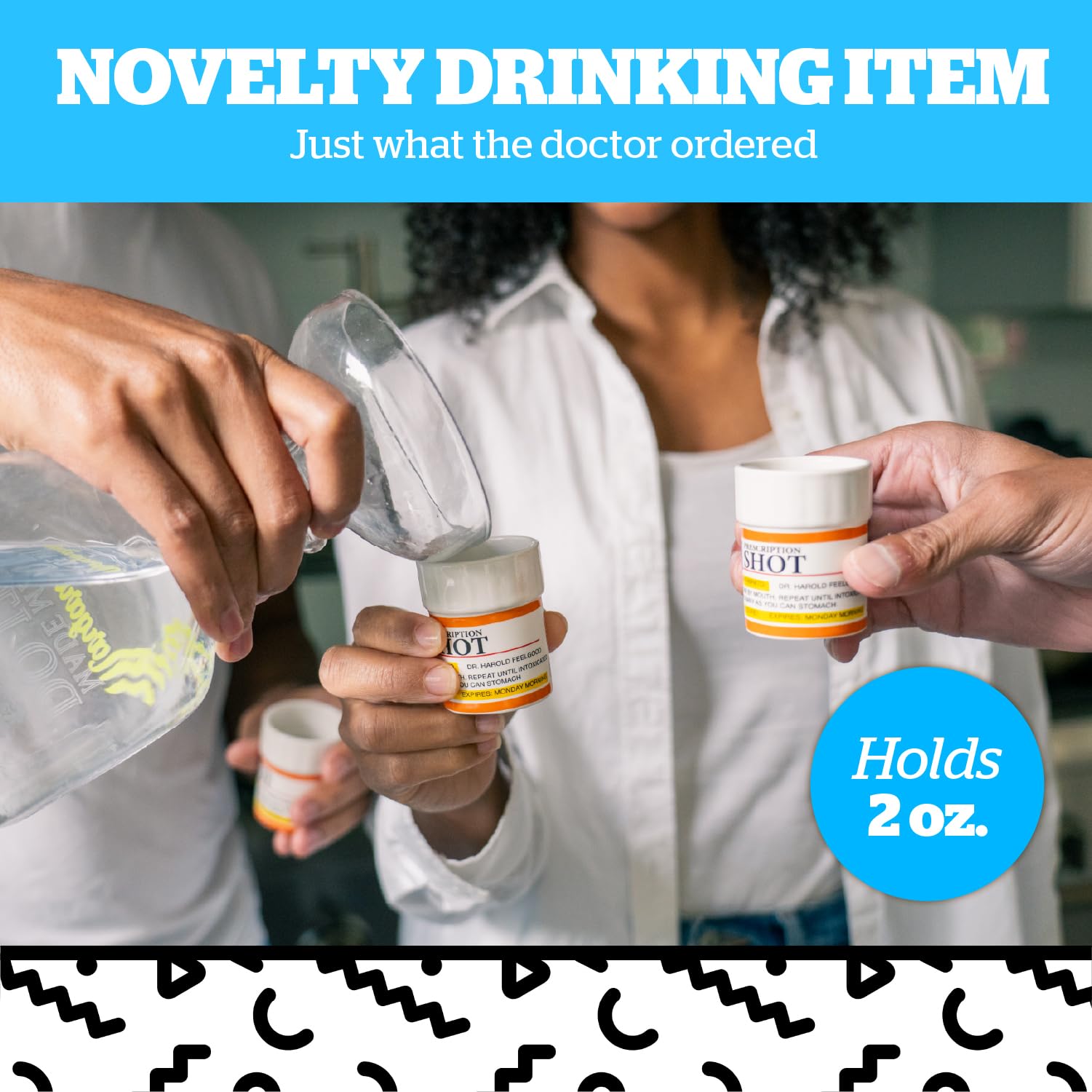 Three-piece BigMouth Inc pill-bottle shot glass set displayed for gifting