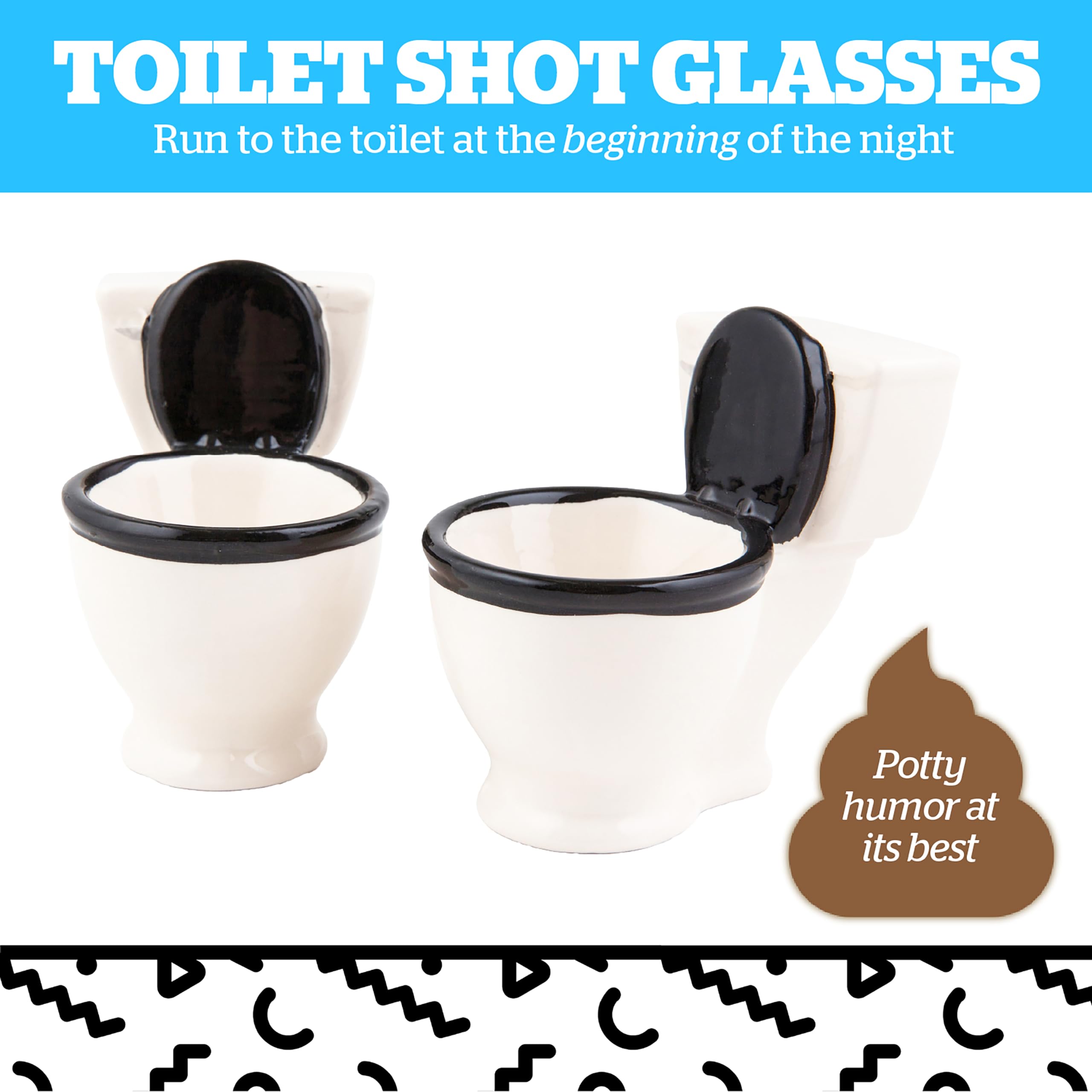 BigMouth Inc potty-shaped shot glasses add comedic flair to bachelor parties.