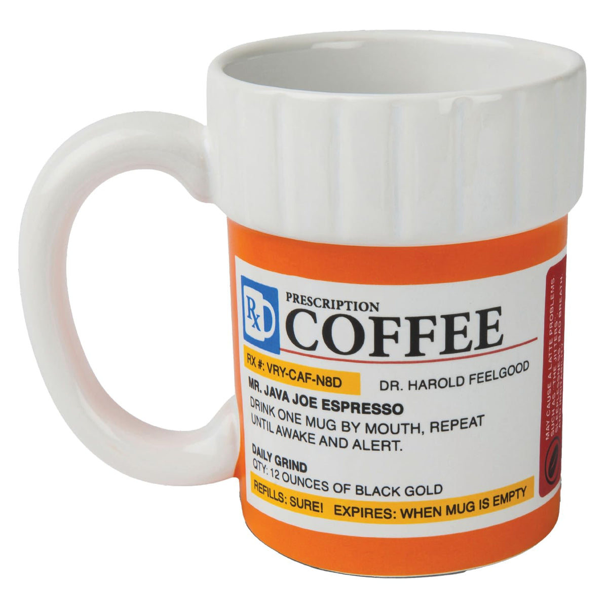 BigMouth Inc prescription coffee mug front label showcases pill-bottle design for humor.