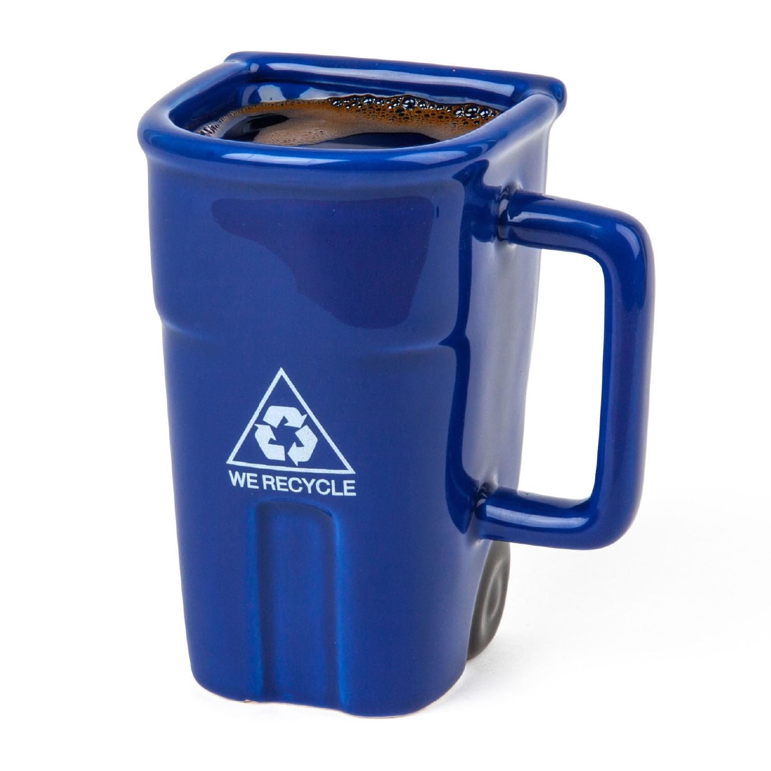 BigMouth Inc recycle-bin coffee mug on desk, playful sustainability reminder.