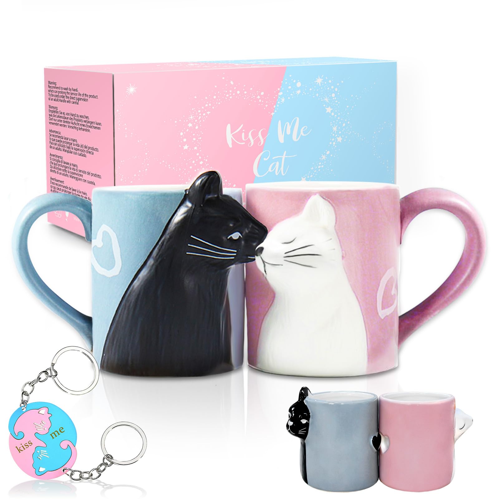 BigNoseDeer kissing-cat mug in blue and pink, ideal for couples.