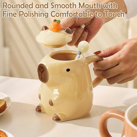 Ergonomic handle on capybara mug for comfortable sipping.