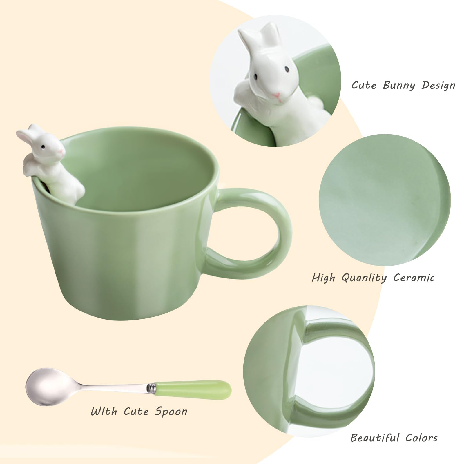 Kawaii ceramic bunny mug by BigNoseDeer with glossy green finish