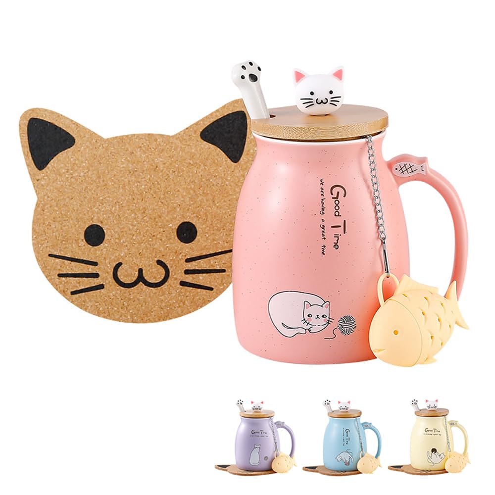 BigNoseDeer kawaii tea cup with infuser pink cat design for cozy sips
