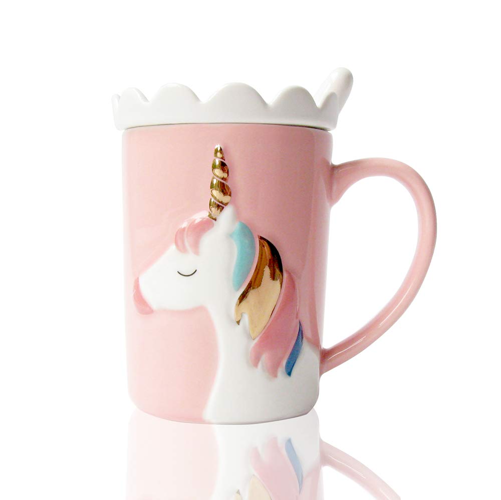 BigNoseDeer Unicorn Mug pink with lid and spoon for easy sipping.