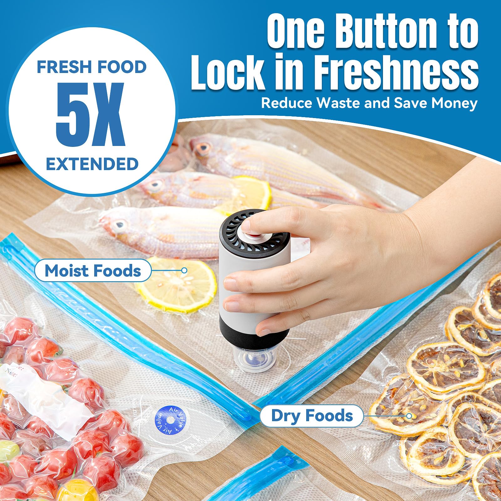Billty vacuum sealer with 30 sous vide bags to extend freshness and reduce waste