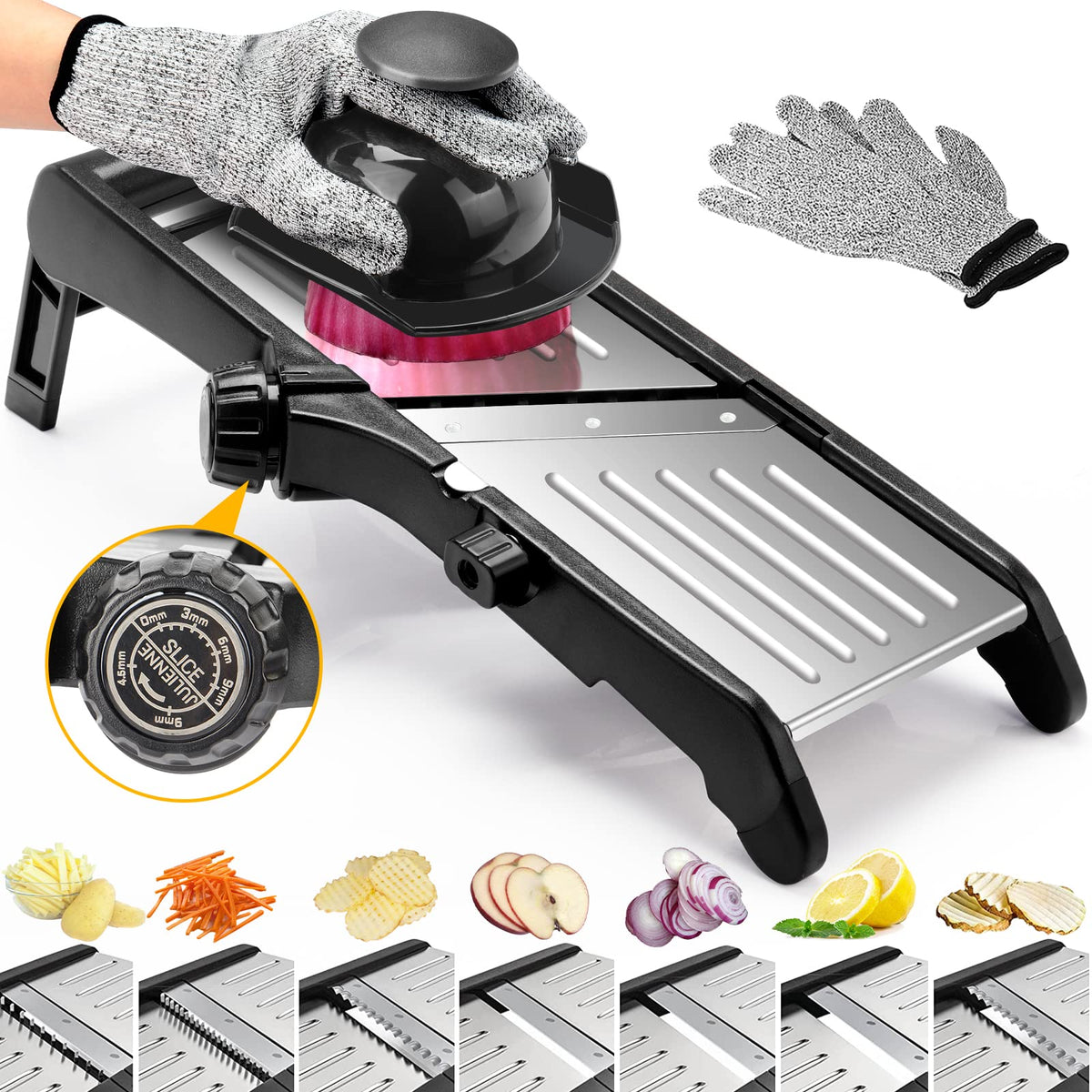 BINGBING mandoline slicer front view showing 7-in-1 versatility for precise prep