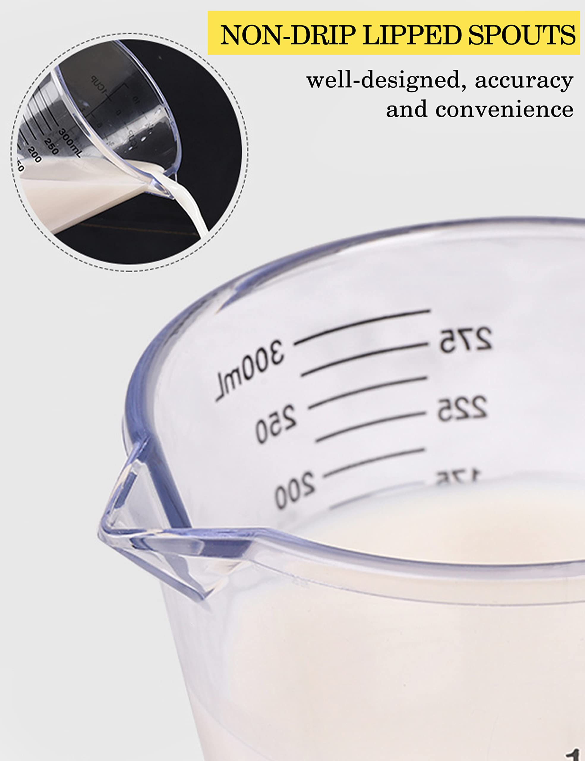 BINGBING measuring cups feature a pour spout for mess-free transfers.