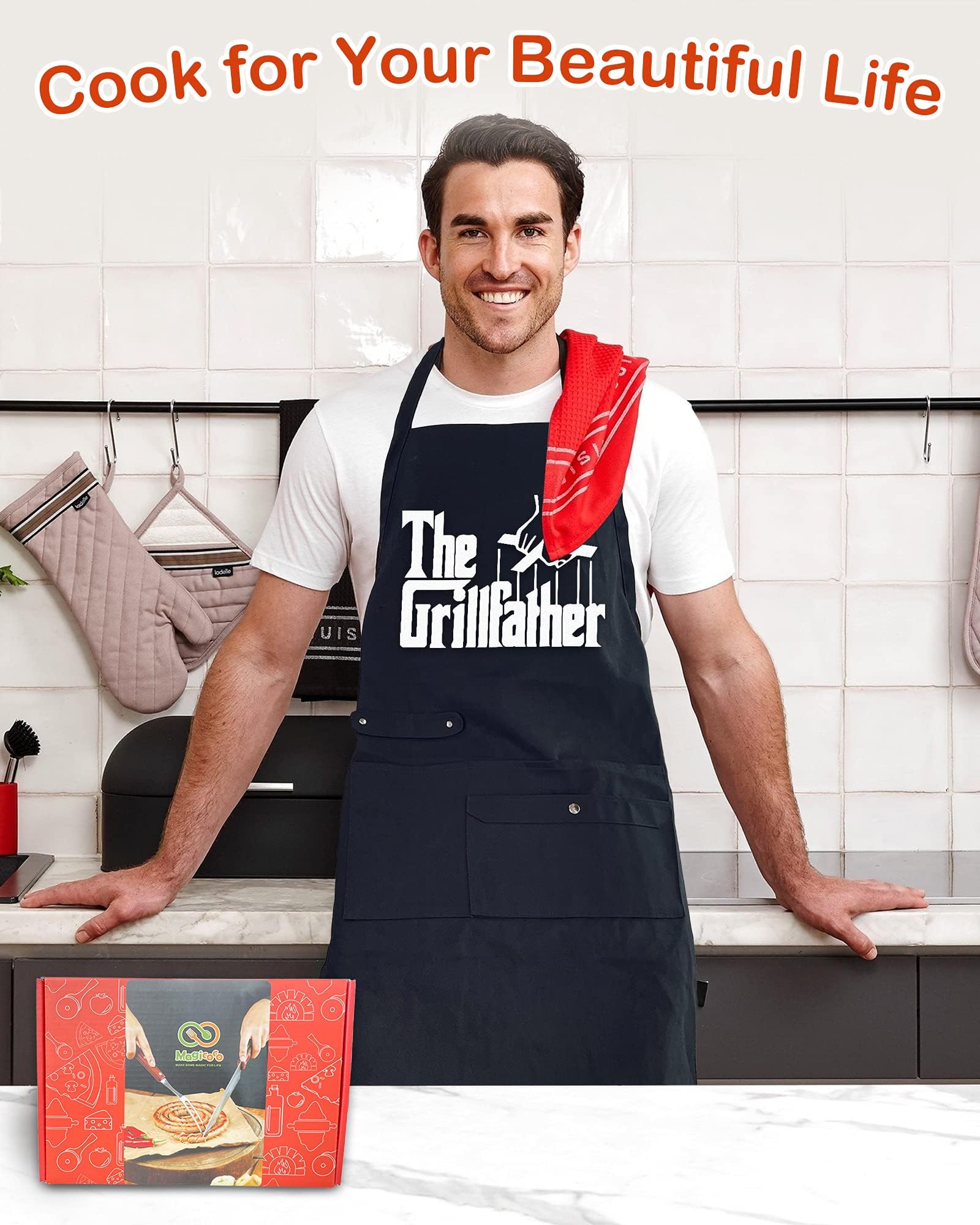 Binggle apron adjustable neck strap demonstrates a comfortable, customizable fit.
