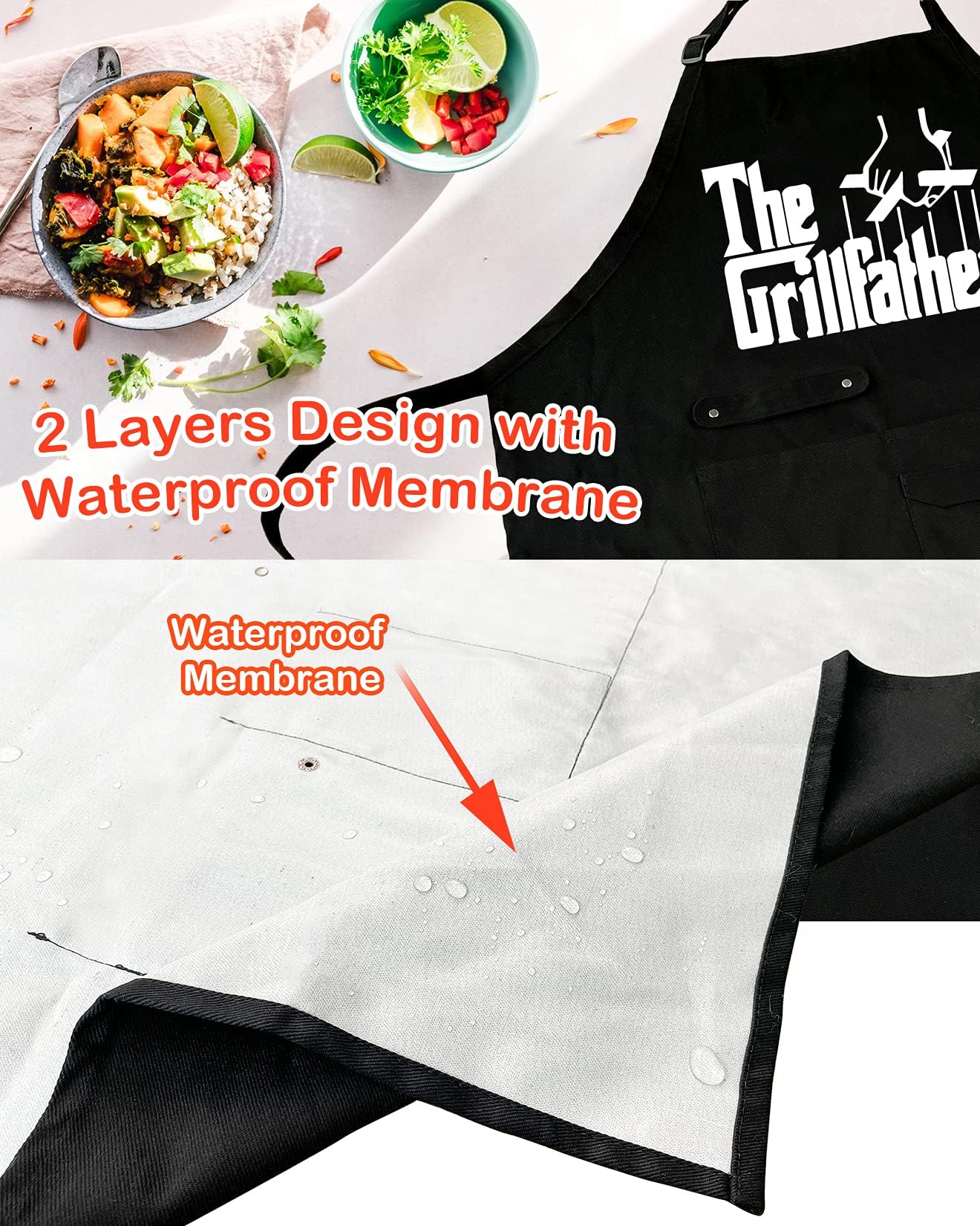 Binggle apron kitchen scene demonstrates versatile use for cooking and grilling.