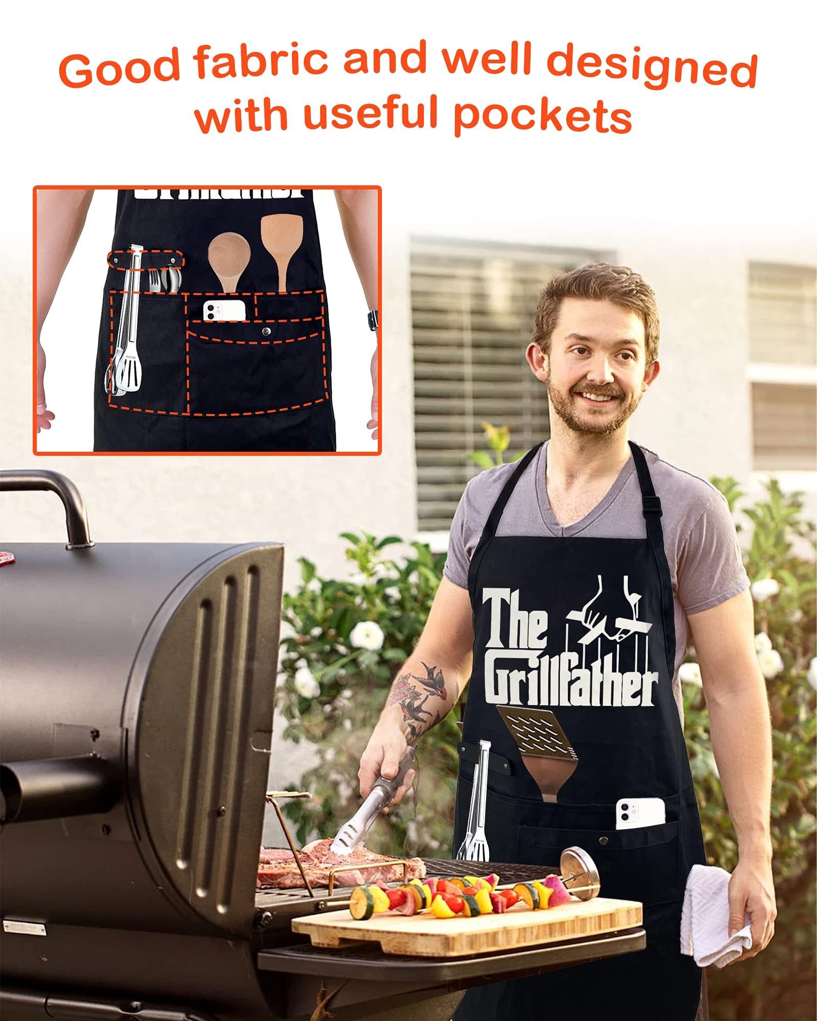 Binggle apron pockets closeup highlights four roomy pockets for tools.
