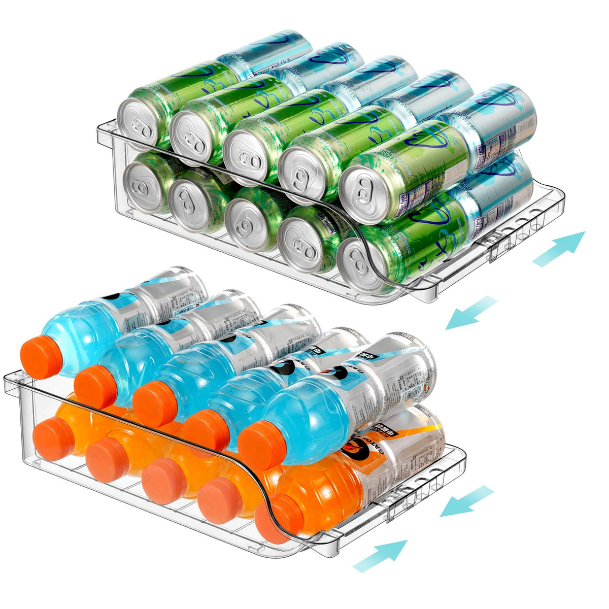 BingoHive clear width adjustable can organizer in a compact fridge setup