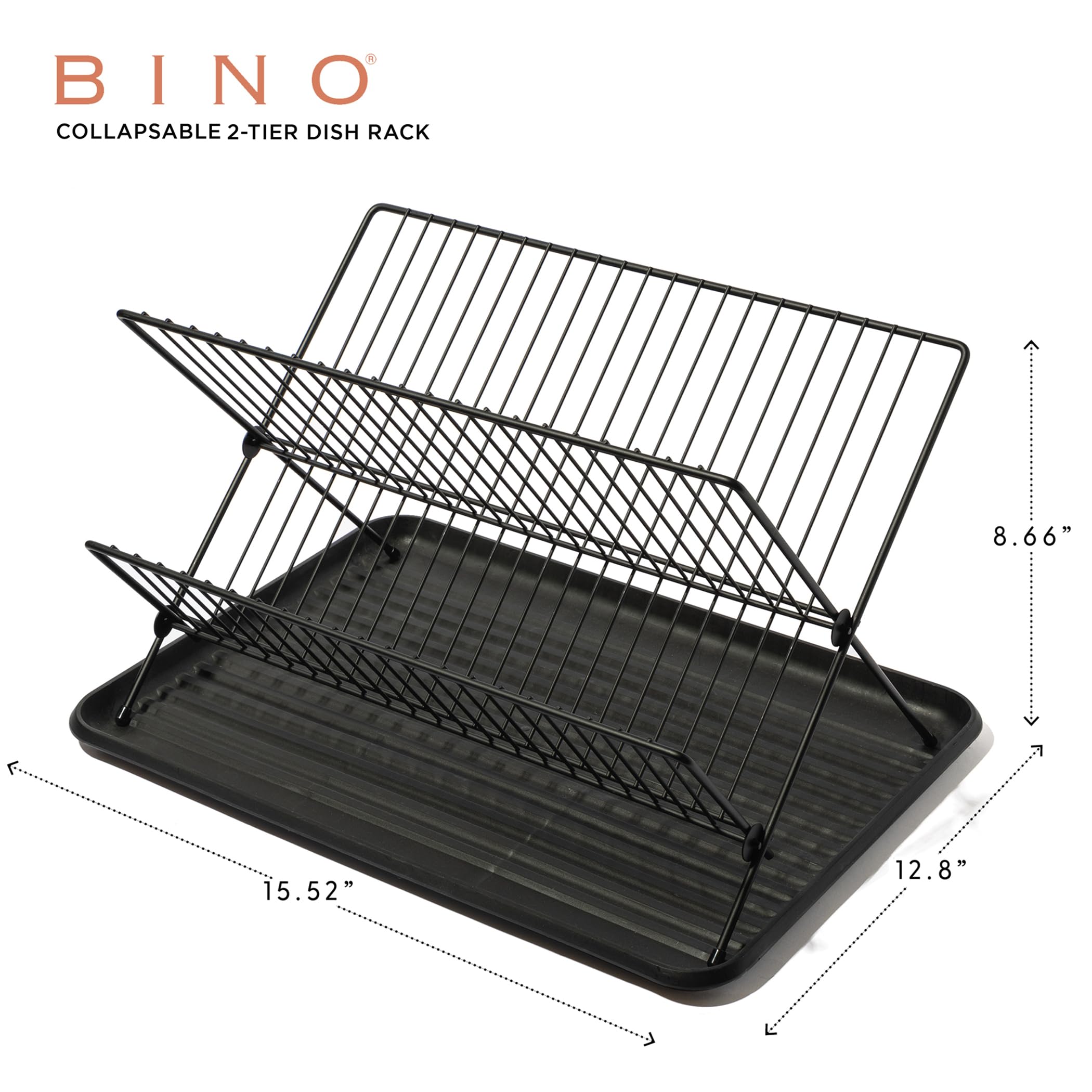 BINO 2-tier dish rack opened for full capacity, holding plates and cups.