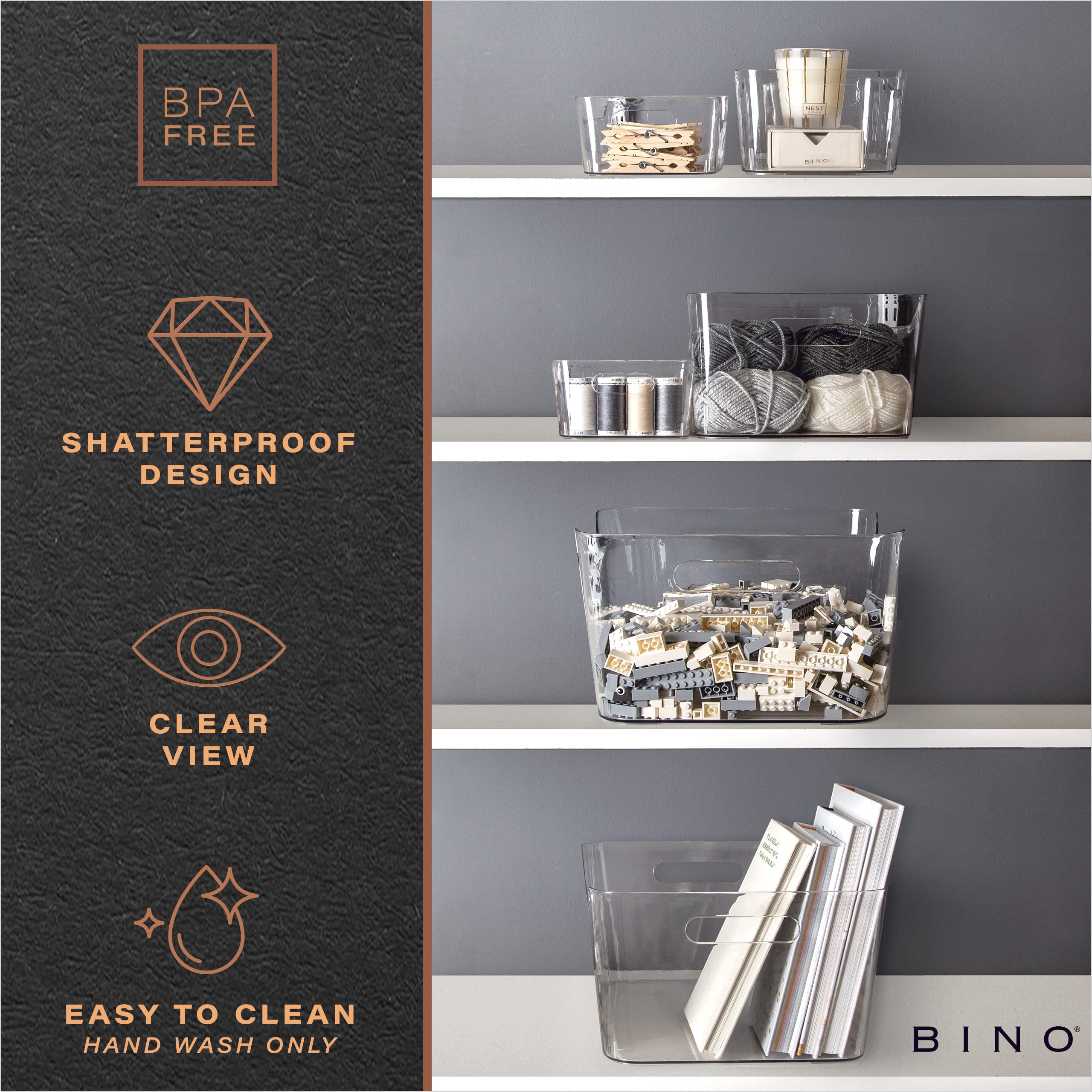 BINO clear bin in pantry use showing organized shelves