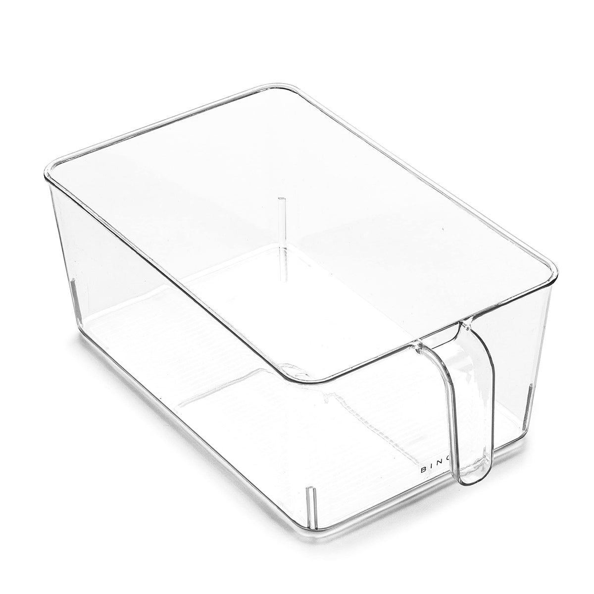 BINO clear storage organizer with built-in handles shows pantry items clearly.