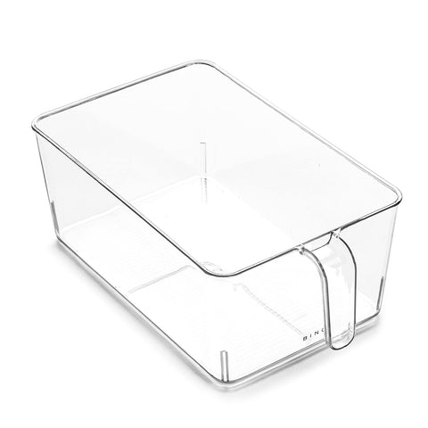 BINO clear storage organizer with built-in handles shows pantry items clearly.