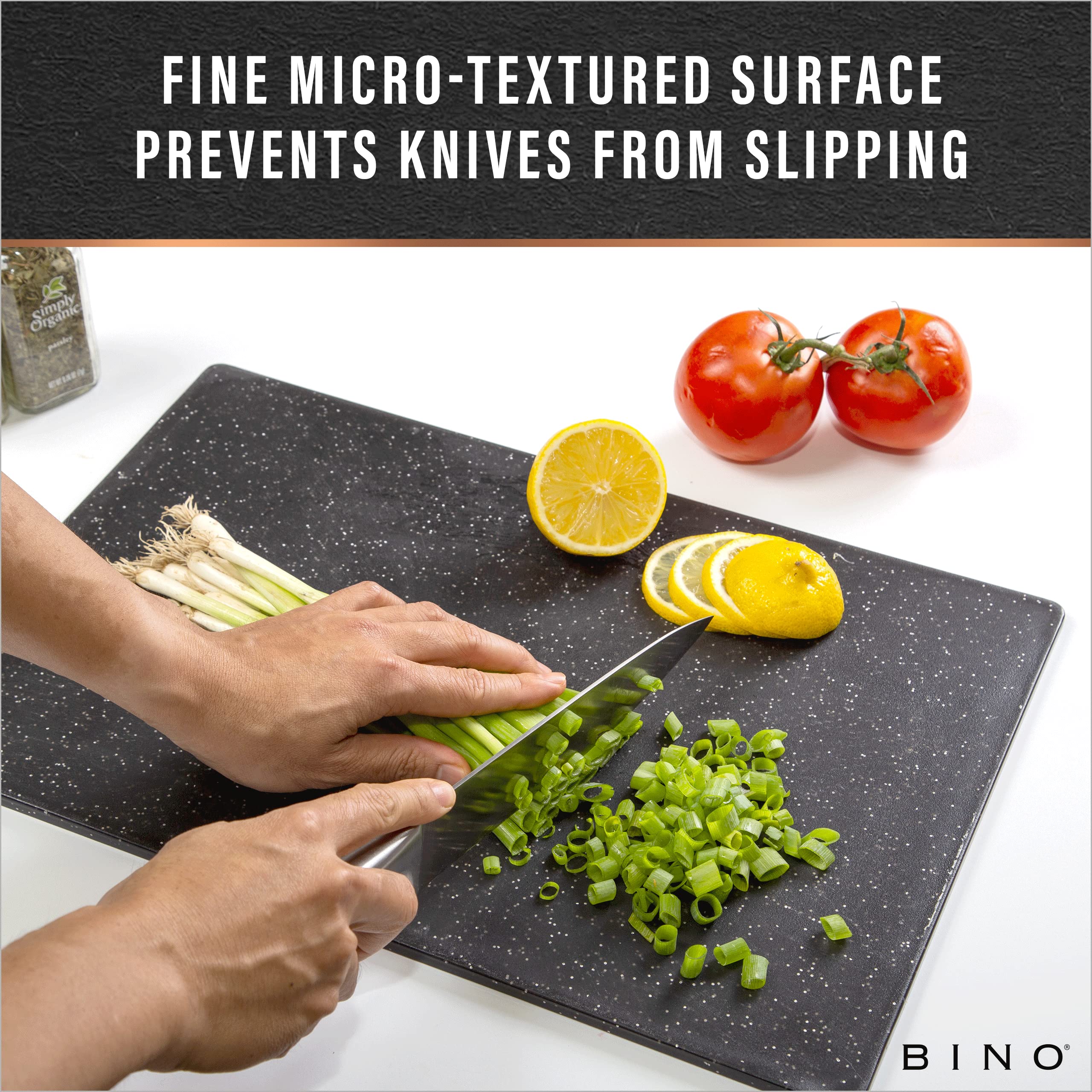 BINO cutting board slim design stores upright to save space.