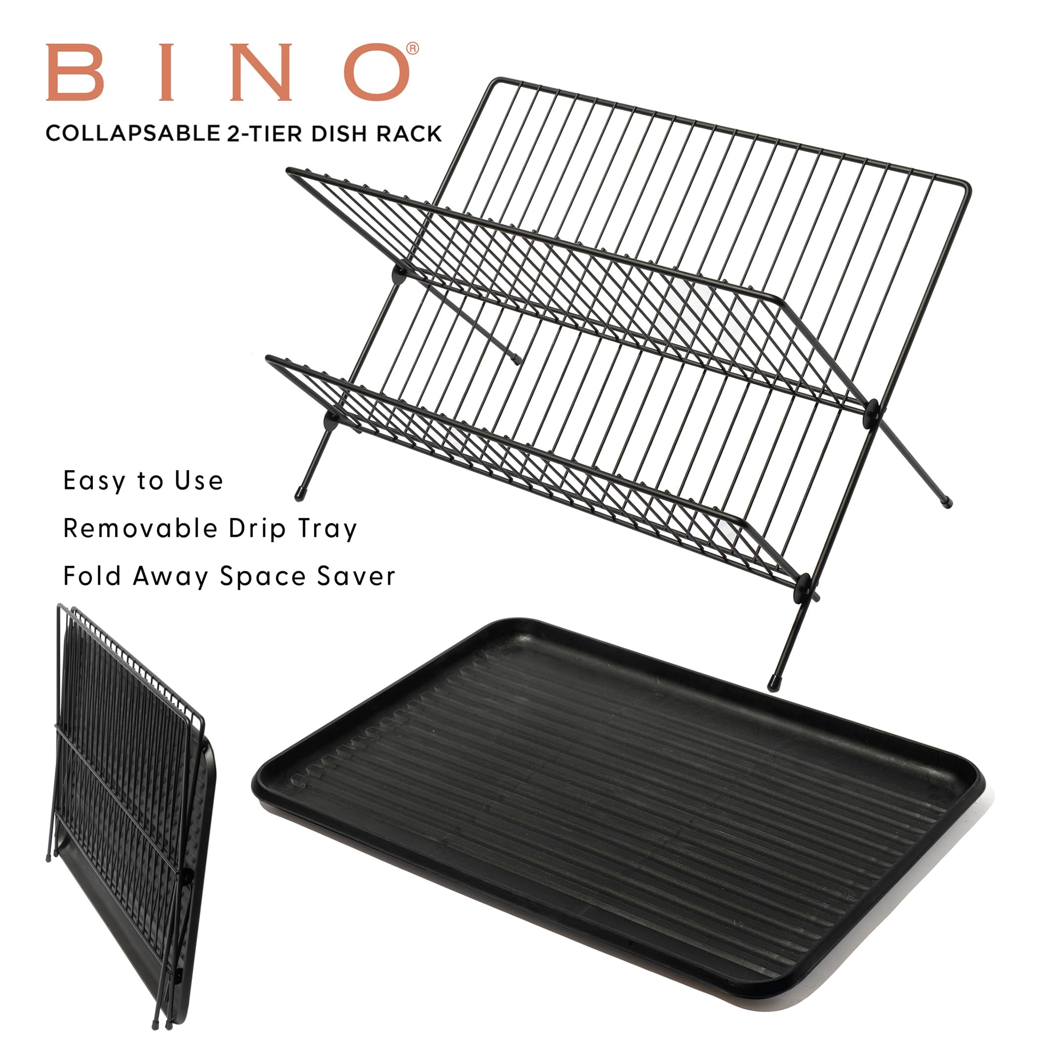 BINO dish rack with tray collapsed, ideal for compact countertops.