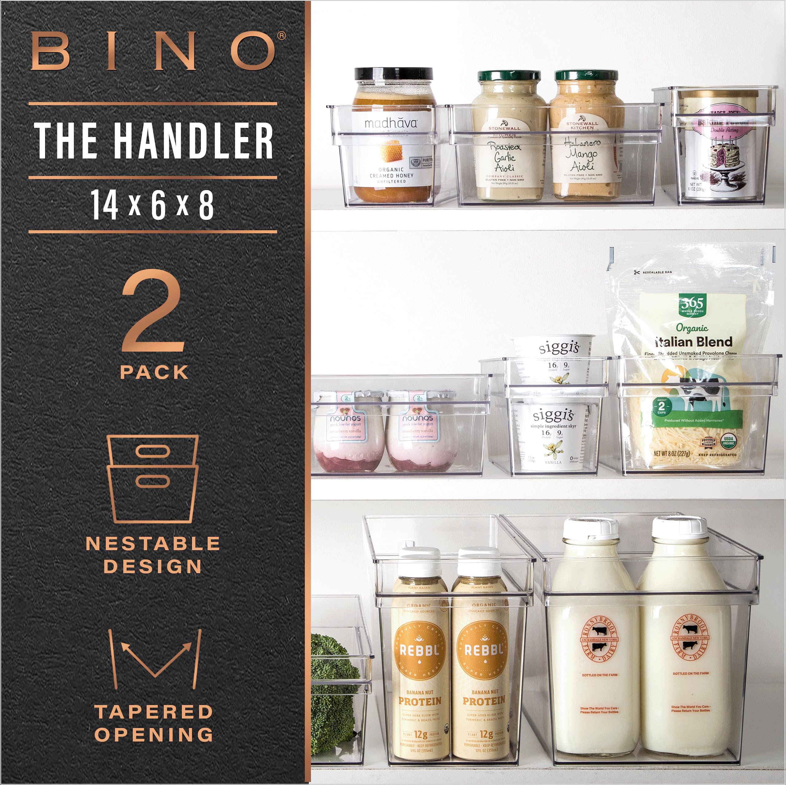 BINO fridge organizer bin on a shelf, transparent and portable.
