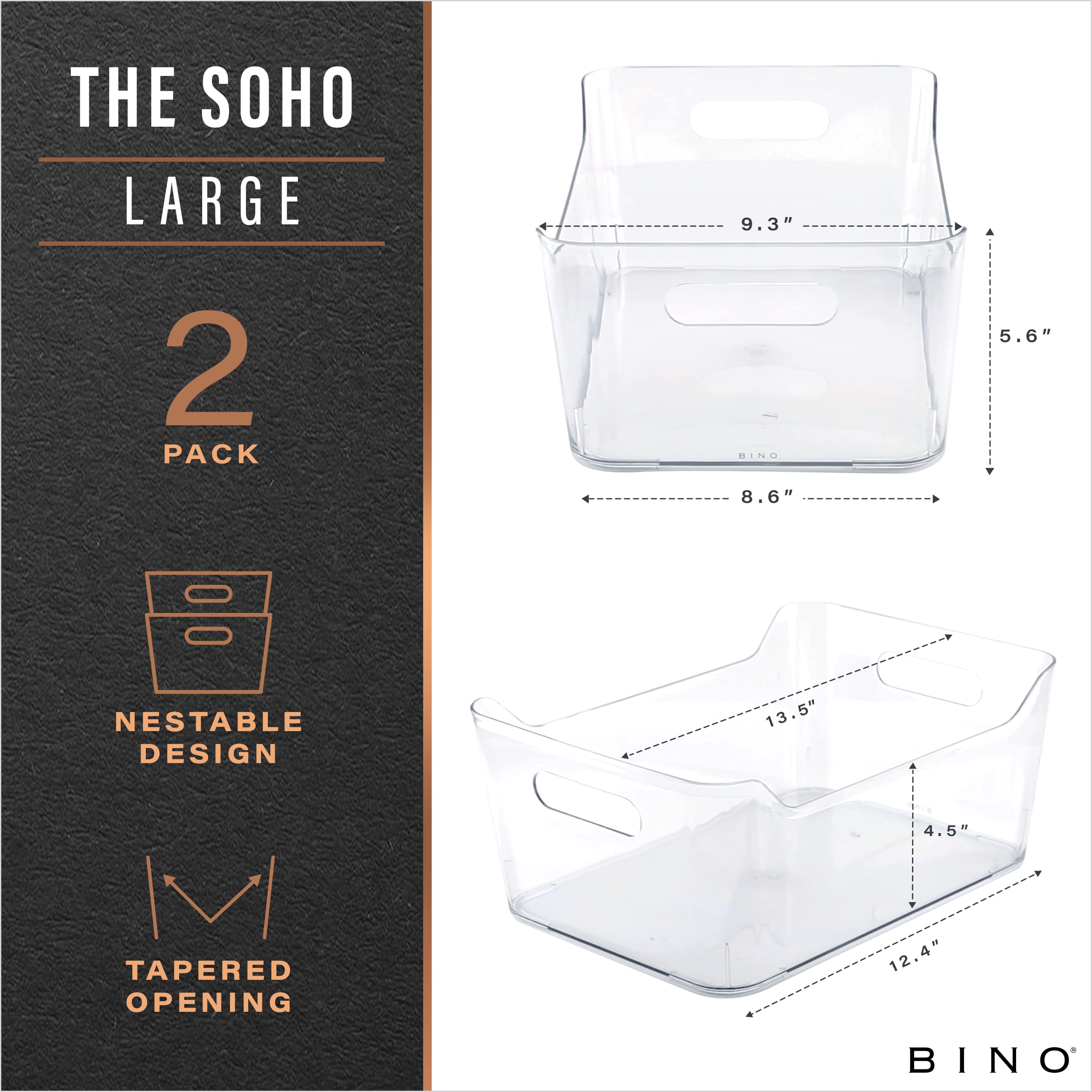 BINO large clear bin with side handles shown from the side for easy lifting