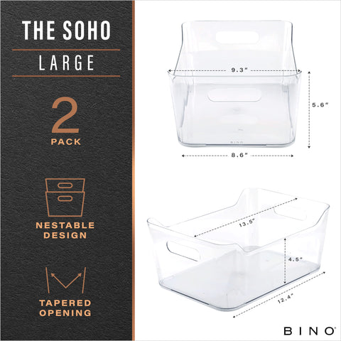 BINO large clear bin with side handles shown from the side for easy lifting