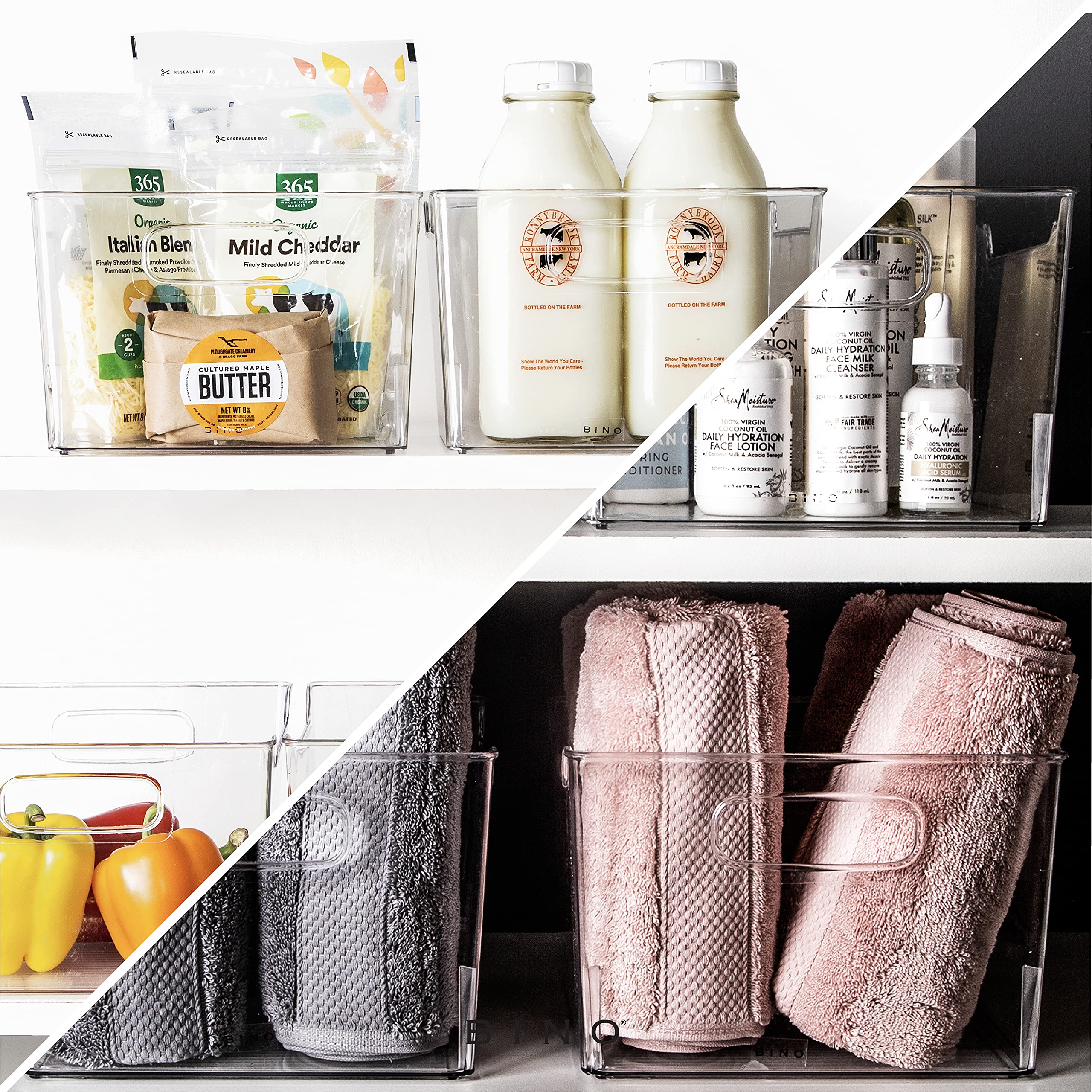 BINO Lodge with cutout handles demonstrating easy transport between shelves.
