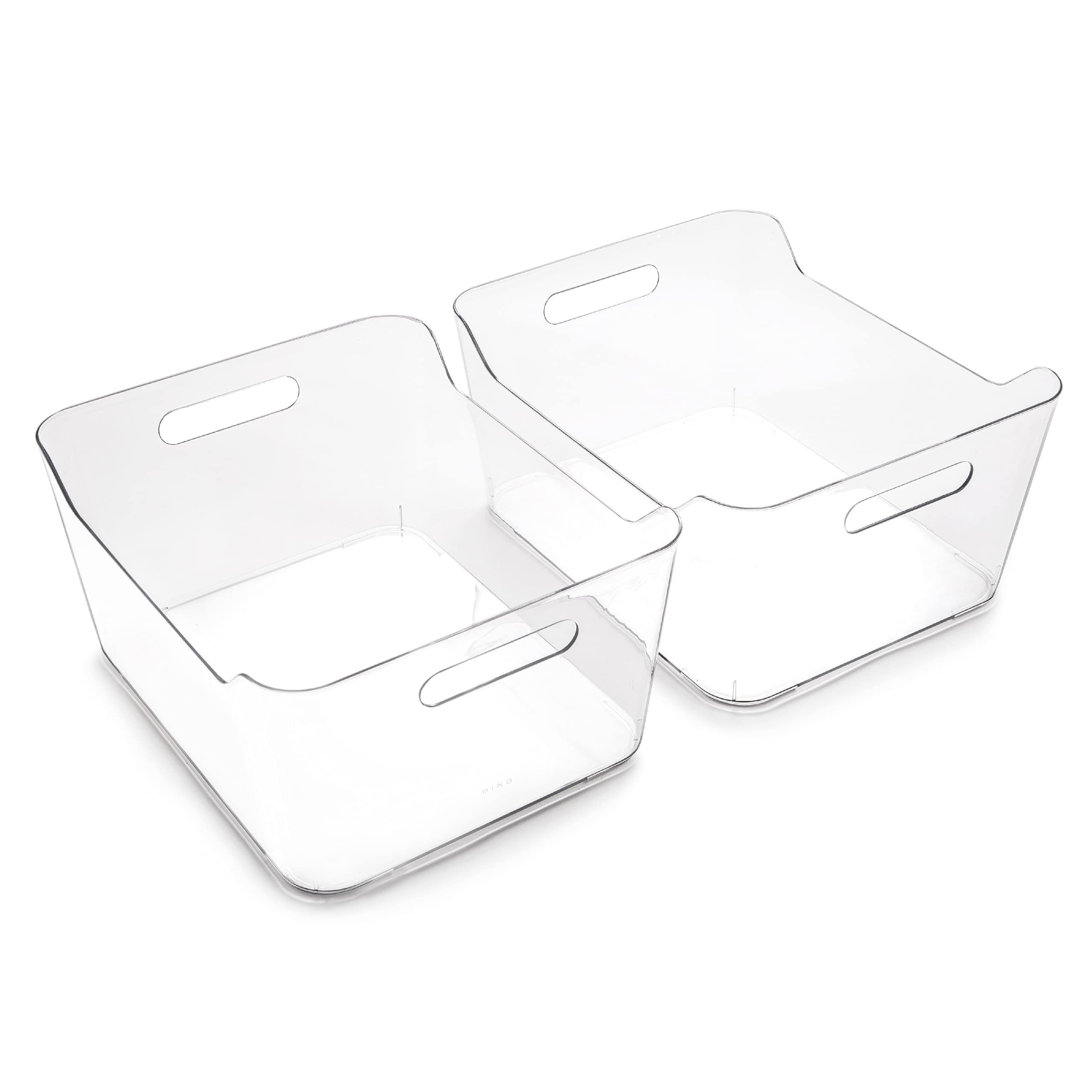 BINO X-Large plastic storage bins in clear view for easy pantry organization.