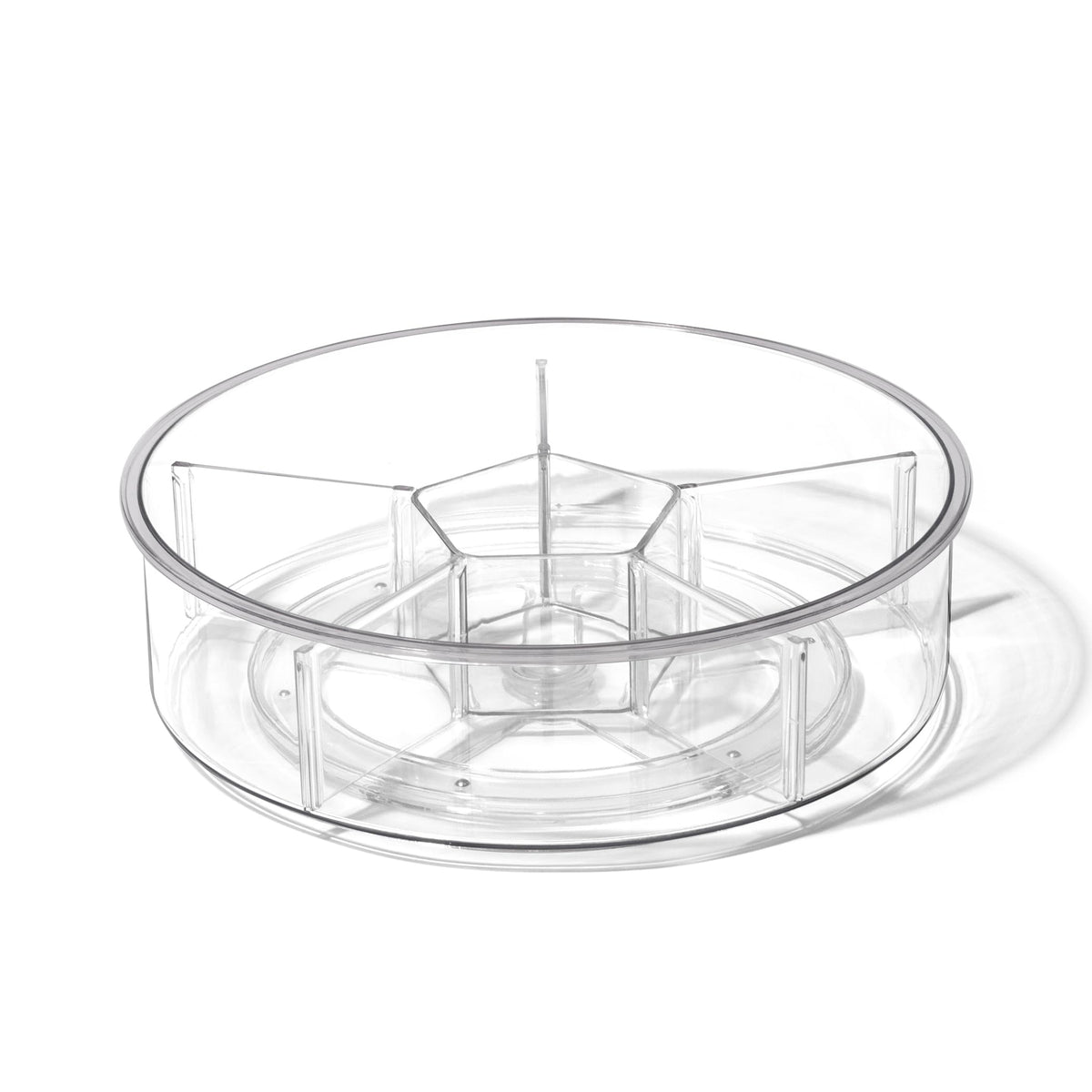 BINO round turntable organizer with six clear bins for easy spice storage.