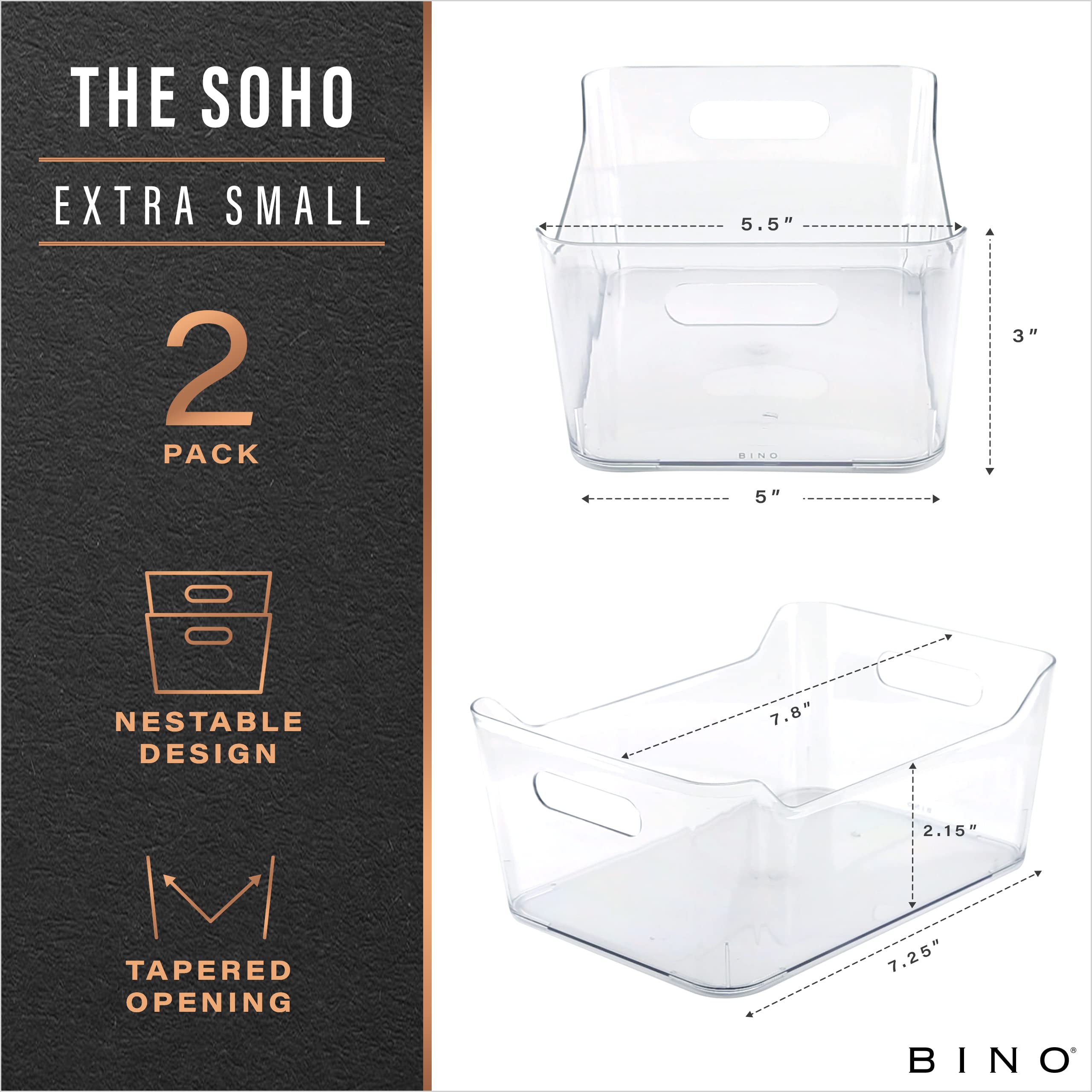 BINO SOHO X-Small 2-pack clear bin side handles for easy lifting and sliding.