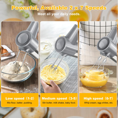 Six stainless steel attachments for versatile beating, whisking, and kneading tasks.