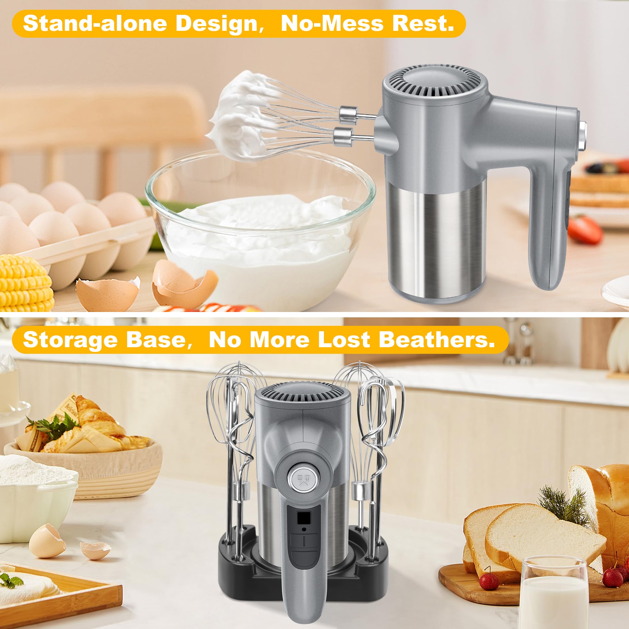 In-use shot of mixer blending batter for light cakes.