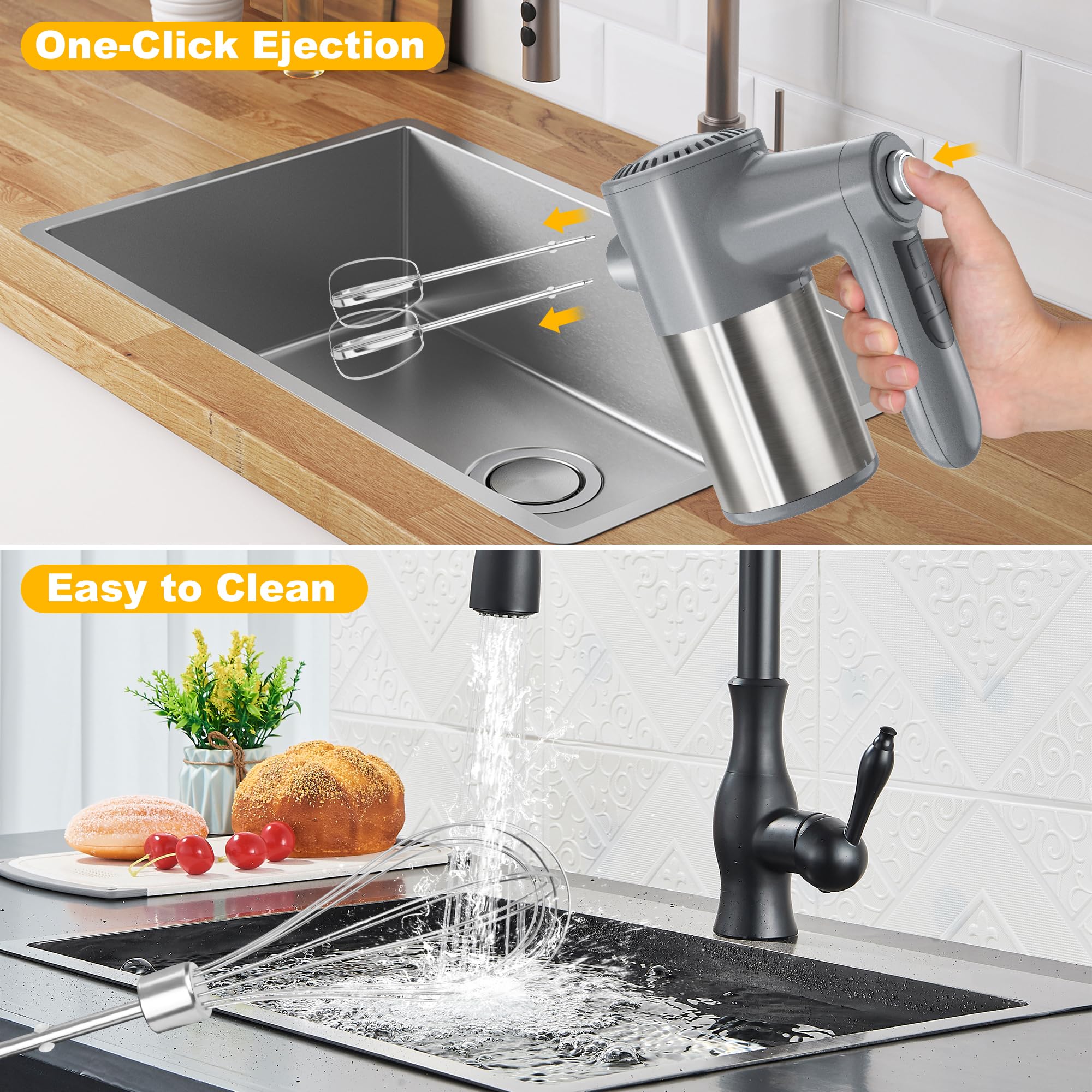 Storage base showcases organized attachments and tidy countertop setup.