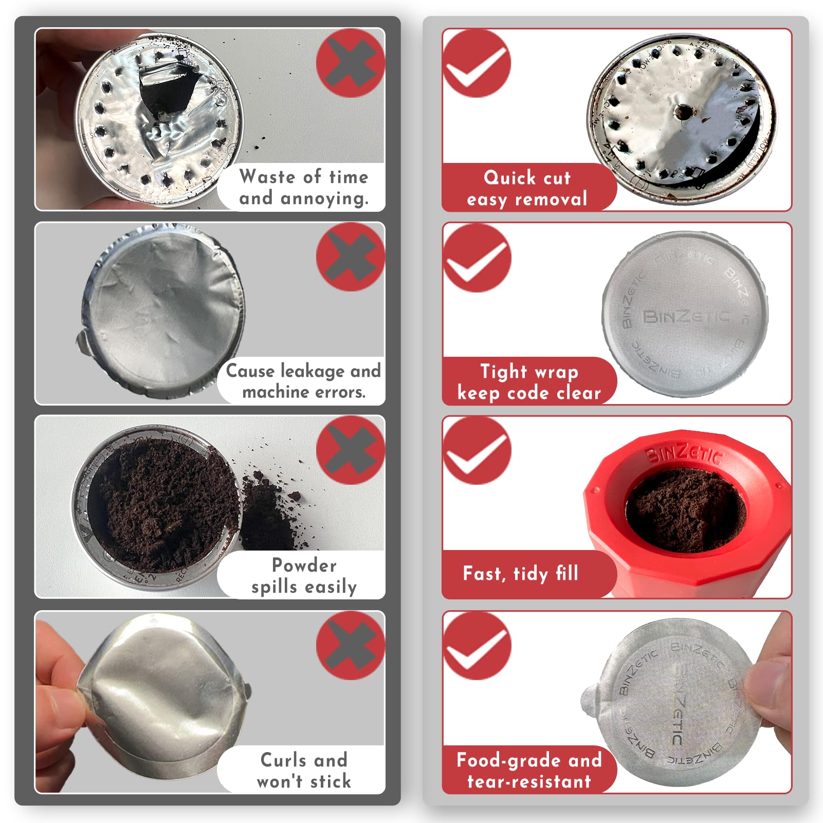 Pack of 100 aluminum foil lids included with BinZetic