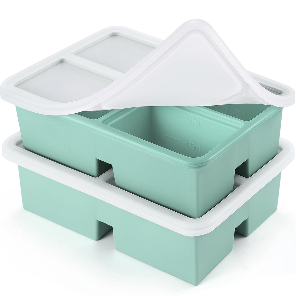 BIONMAPLE 2-pack 1-cup silicone freezer trays with green lid for precise portions.