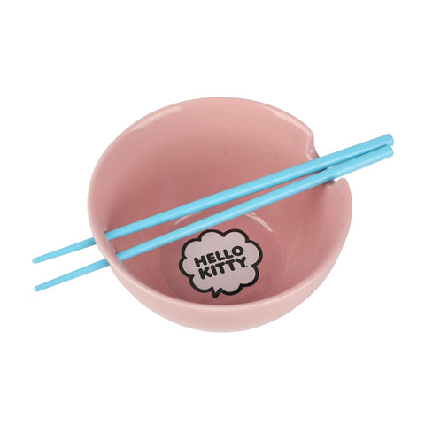 Bioworld blue plastic chopsticks paired with the Hello Kitty bowl for easy dining.