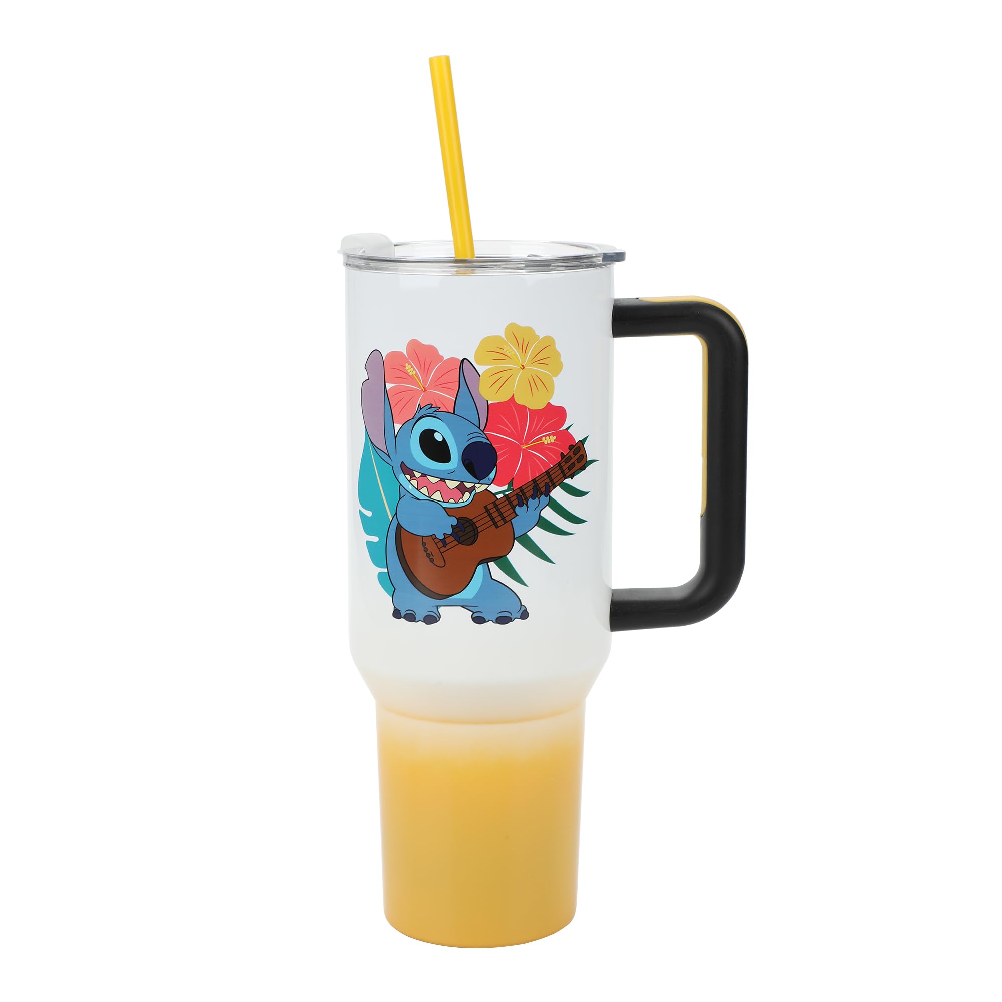 Bioworld Disney Stitch Hawaiian 40-oz tumbler front view keeps beverages cool on the go.