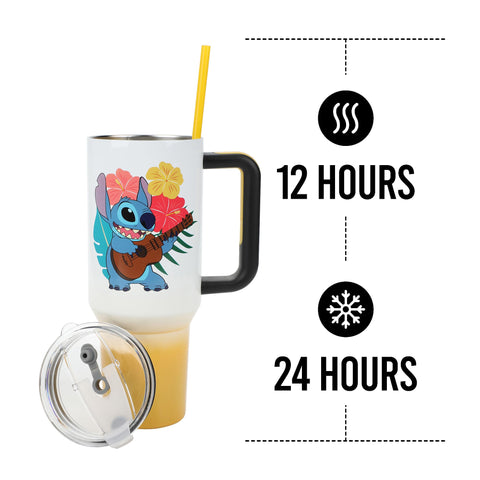 Bioworld Disney Stitch Hawaiian 40-oz tumbler held in hand for on-the-go hydration.